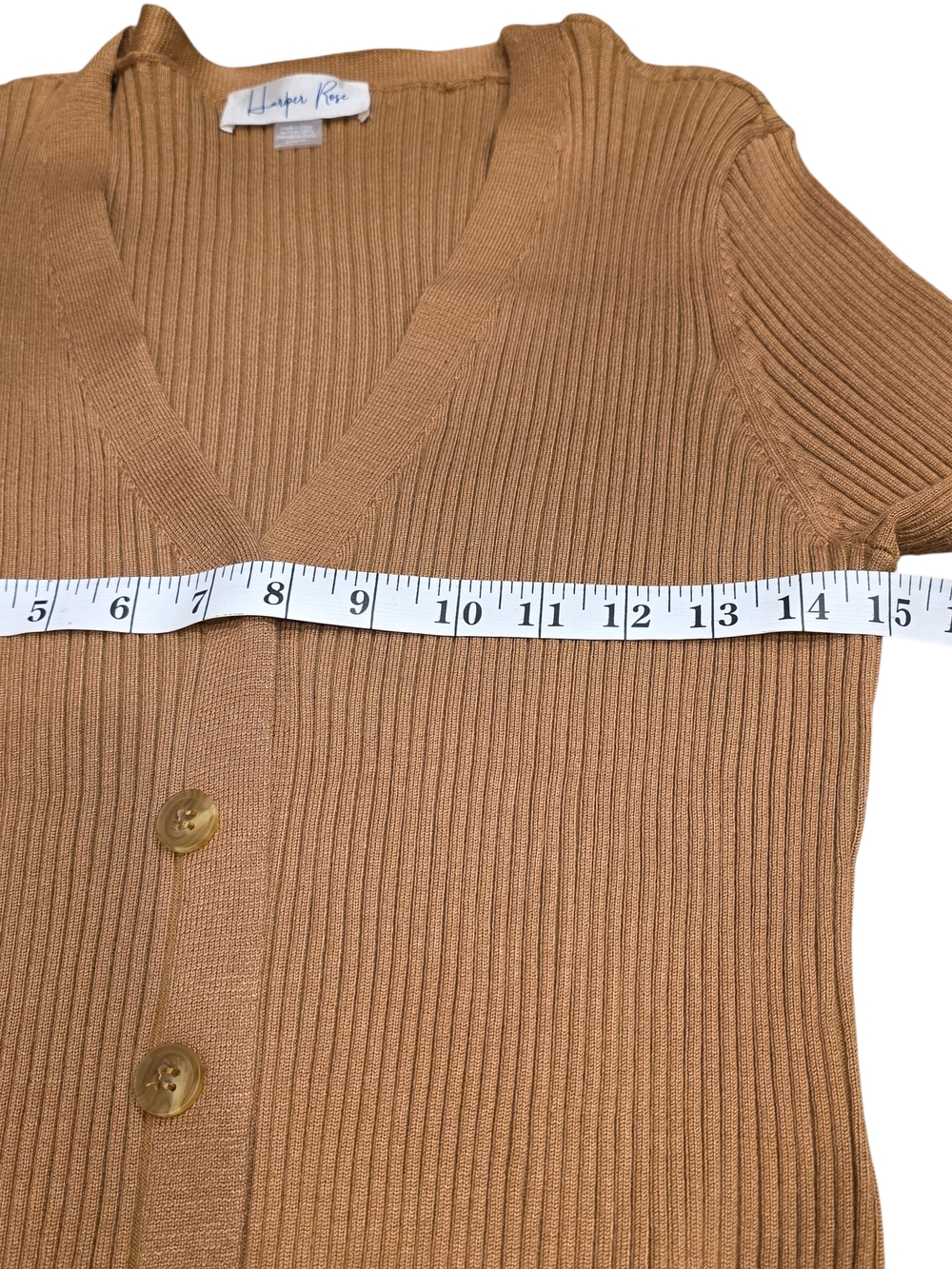 Button-Front V-Neck Button Up Ribbed Knit Midi Dress - Camel - Picture 3 of 7